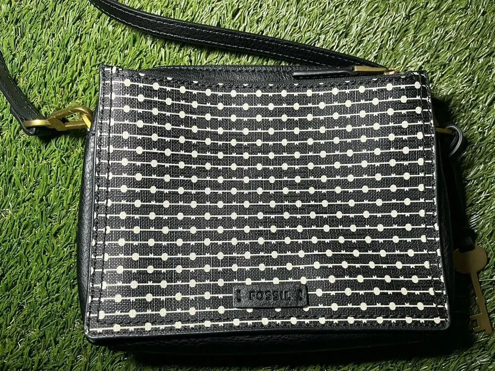 Fossil Black White Geometric Shoulder Bag Key Charm Zip Closure Inner Pockets